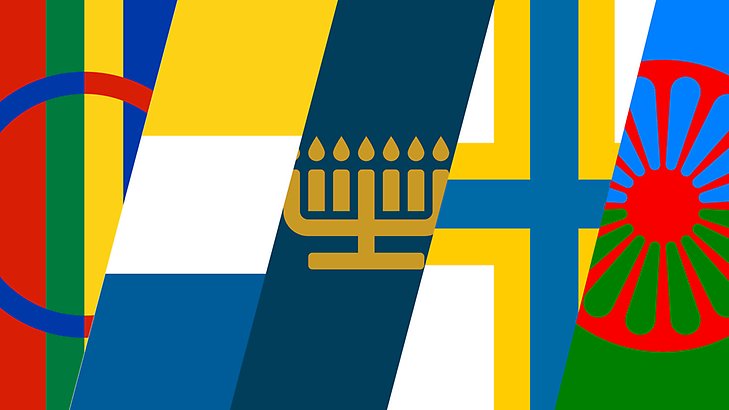 De nationella minoriteternas flaggor. Från vänster till höger: samernas, tornedalingarnas, sverigefinnarnas och romernas flaggor. I mitten den judiska ljusstaken menora.