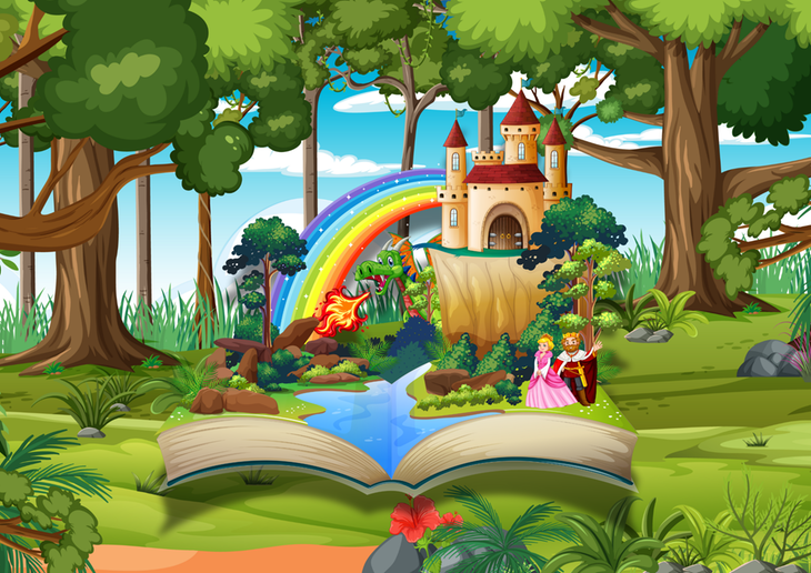 En sagolik illustrerad bakgrund av en bok, regnbåge, skog och sagofigurer