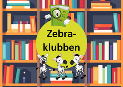 Tecknad bokhylla med tre små zebror framför ordet Zebraklubben