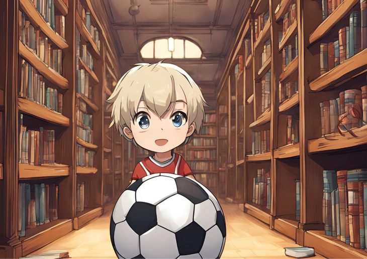 En animepojke i ett bibliotek med en fotboll